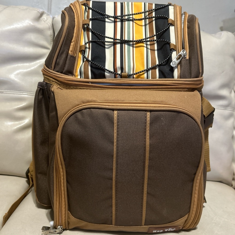 Two-Tone Brown & Tan Women's Backpack with Striped Accent